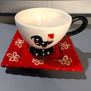 Burton+Burton Cockadoodle Doo vintage farmhouse ceramic cup & saucer set lot‎ 3